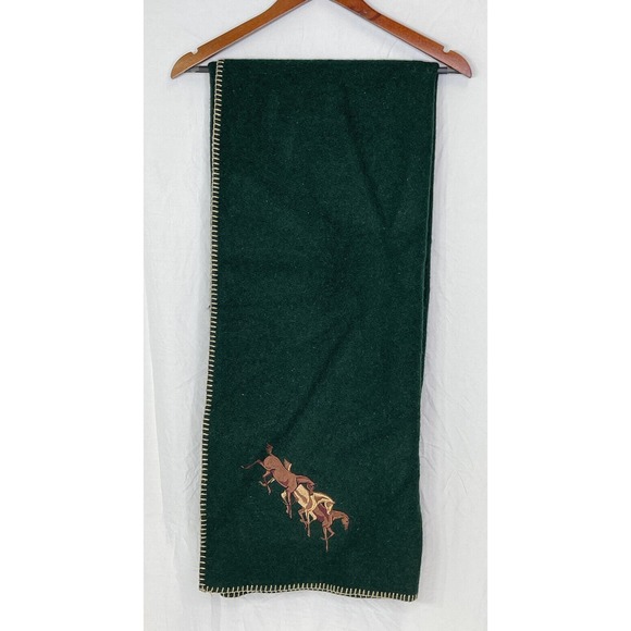 Woolrich Blanket Deep Green Wool Throw Embroidered Brown Tan Horses 62 X 40 USA - Picture 1 of 7